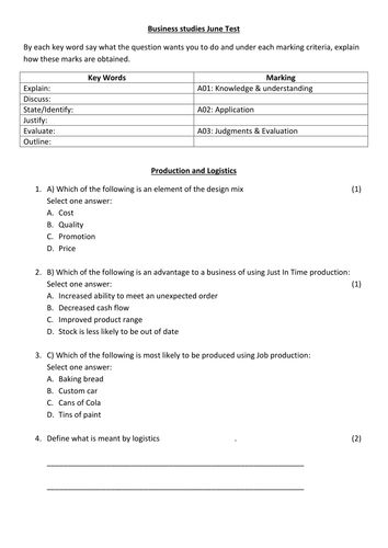 GCSE Business 1-9 Topic test on logistics and Production methods