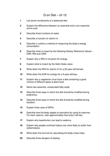 AS Biology Diet & Nutrition Questions & Answers