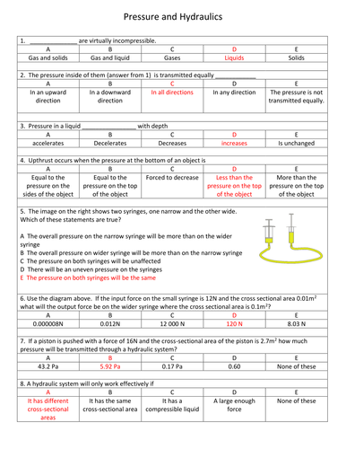 Fluid Pressure Worksheet With Answers