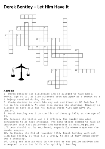 Derek Bentley Crossword Teaching Resources
