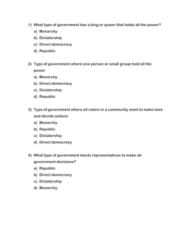 Forms of Government Questions | Teaching Resources