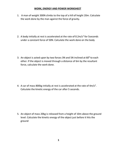 Work Energy And Power Worksheet Answers