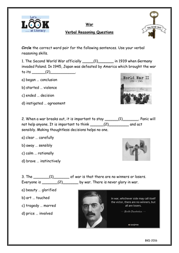 Verbal reasoning questions and sequencing question - War - Preparation for new WJEC GCSE Enlglish La