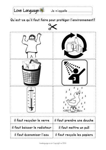 French Protecting the Environment - colouring worksheets and cutting and sticking