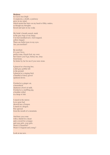 Poem Analysis Medusa By Carol Ann Duffy Teaching Resources