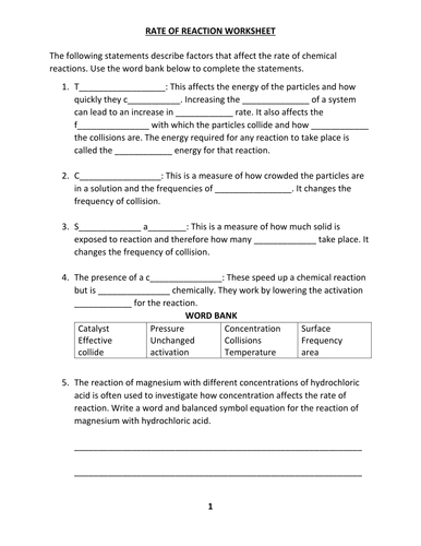 RATE OF REACTION WORKSHEET WITH ANSWER | Teaching Resources
