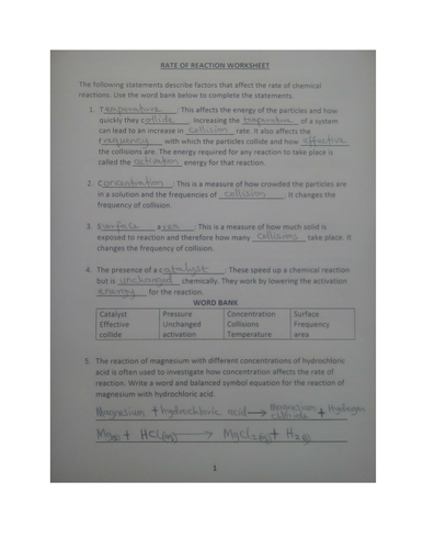 RATE OF REACTION WORKSHEET WITH ANSWER Teaching Resources