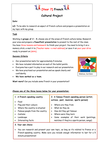 Cultural Project Research Worksheet | Teaching Resources