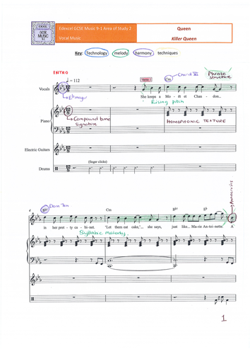 GCSE 9-1 Music Edexcel 'Killer Queen' FULL SCORE ANALYSIS | Teaching ...
