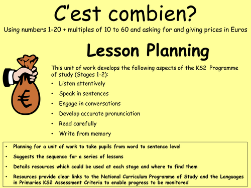 C'est combien Lesson Planning - KS2 French unit of work on numbers and prices