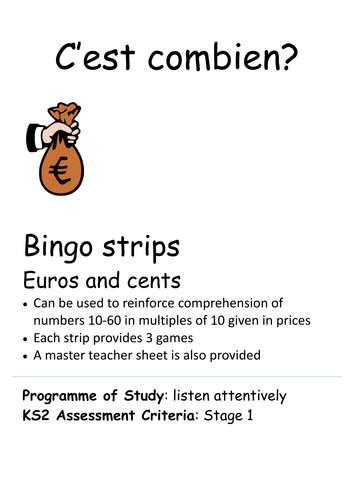 C'est combien Bingo  - numbers in prices of  whole euros and euros and cents