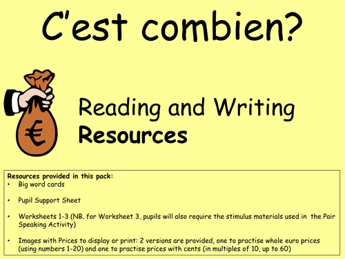 C'est combien Reading and Writing - KS2 Resources and Activities for asking for and giving prices