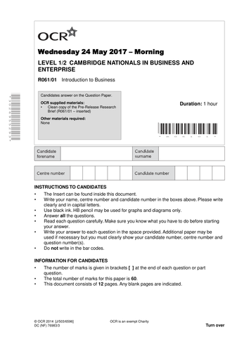 Cambridge National Business R061 mock paper 2 HVS June 2017