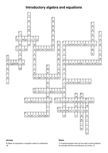 Algebra and equations vocabulary crossword