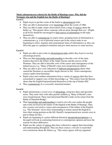 KS3 History: Mark scheme/success criteria for Battle of Hastings essay.