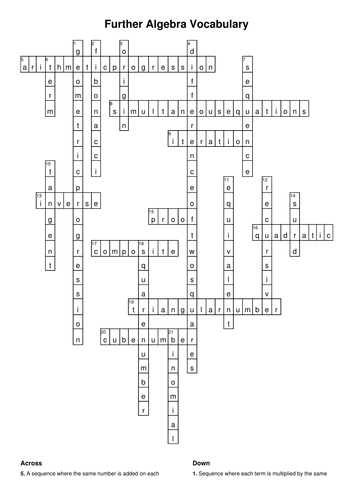 Further Algebra Vocabulary Crossword and Wordsearch