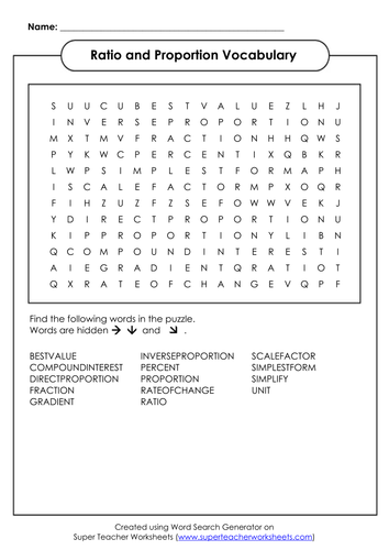 Ratio and Proportion Vocabulary Wordsearch and Crossword Teaching