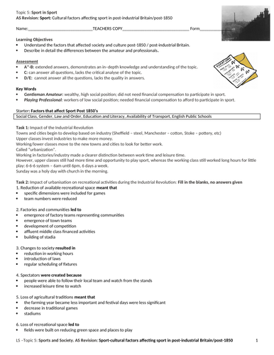 A-level PE EDEXCEL (Spec 2016) Factors affecting sport in post-industrial Britain 1850 Revision