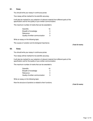 A Level Biology Essay Questions