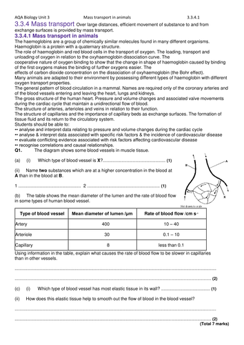 AQA Biology A level/AS level Unit 3 Revision Exchange and transport ...