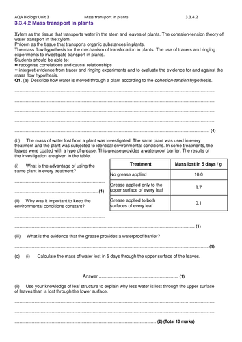 AQA Biology A level/AS level Unit 3 Revision Exchange and transport ...