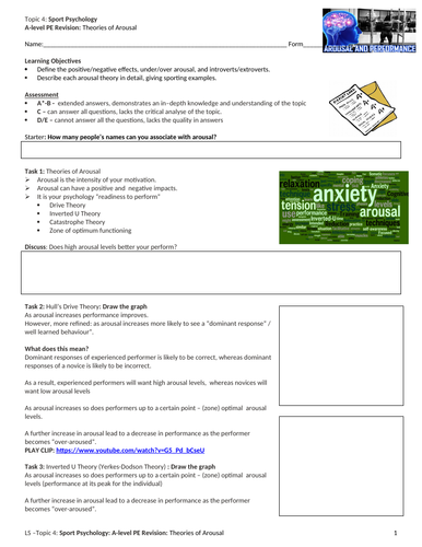 A-level PE EDEXCEL  (Spec 2016) Arousal Theories Revision