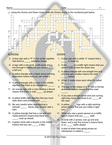 Road Signs Directions Crossword Puzzle Teaching Resources