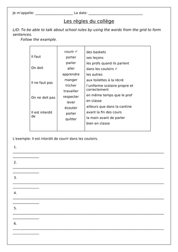 french school rules worksheets teaching resources