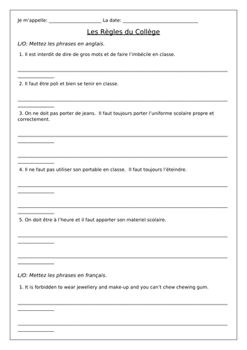 FRENCH - School Rules - Worksheets | Teaching Resources