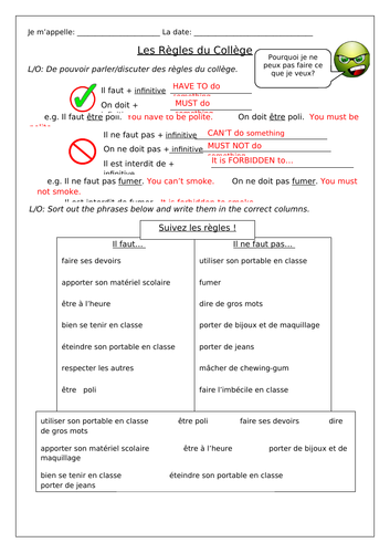 French school rules worksheets teaching resources