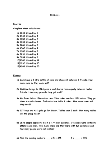 Year 6 Written Division Worksheets