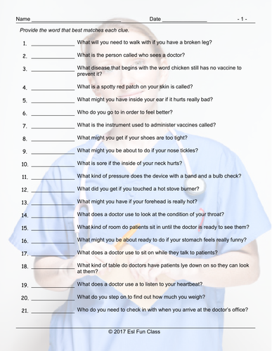 Doctors-Illness Injury Matching Worksheet | Teaching Resources
