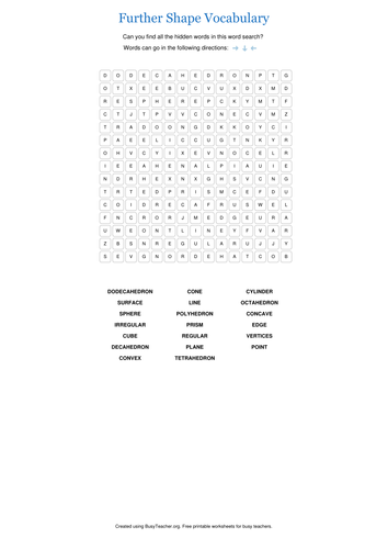 Further Shape Vocabulary Wordsearch and Crossword