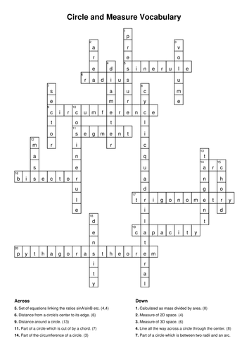 Circle and Measure Vocabulary Wordsearch and Crossword Teaching