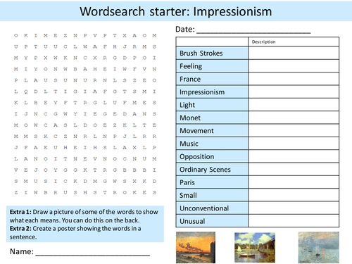 Art Movement Impressionism 6 x Starter Activities Wordsearch Anagrams