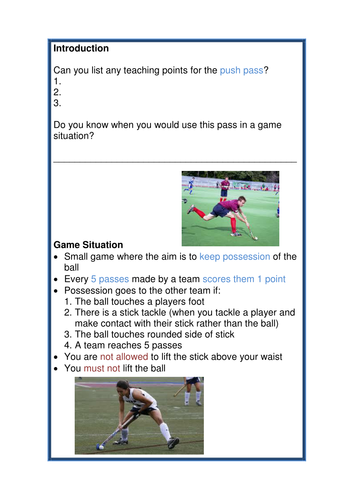 Hockey push pass lesson plan, videos and worksheets | Teaching Resources
