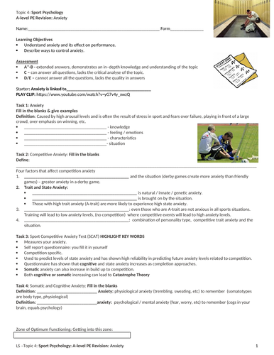 A-level PE Edexcel (Spec 2016) Anxiety Revision