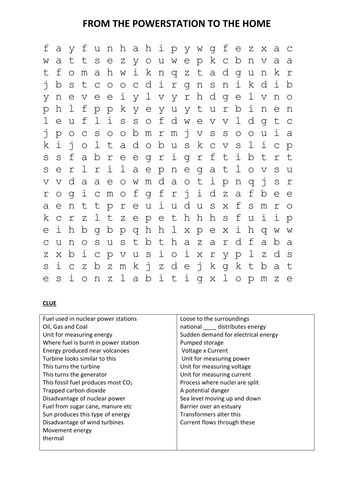 Clues Wordsearch for energy resources, generating electricity and the National Grid