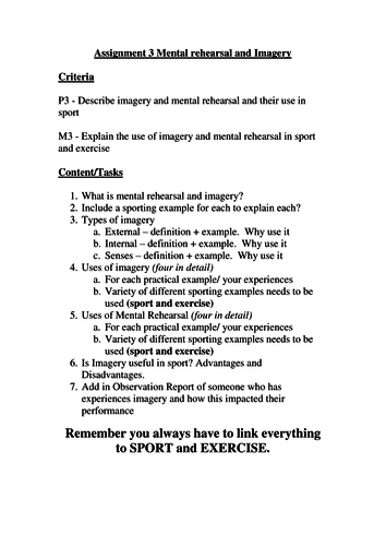 Unit 20 Outcome 3 Mental Rehearsal and Imagery | Teaching Resources