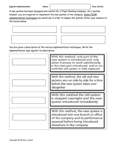 System Analysis &Design: Implementation Phase Revision Worksheet