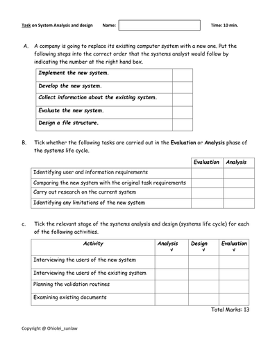System Analysis &Design Worksheet