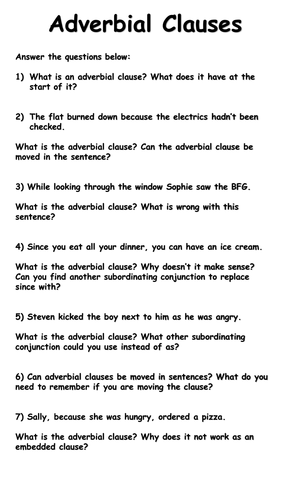 Adverbial Clauses Worksheets Deeper Thinking Teaching Resources