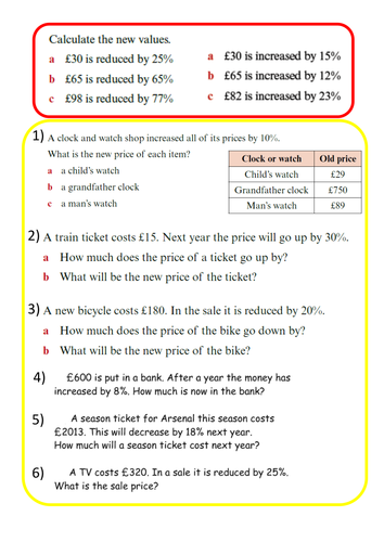 percentages of amounts problem solving