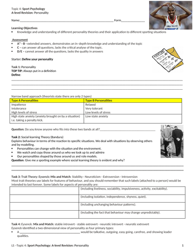 A-level PE Edexcel (Spec 2016) Personality Revision