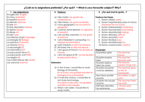 Gcse Spanish Las Asignaturas School Subjects And Opinions Writing And Structures Mat Teaching 