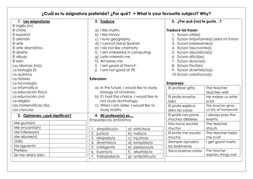 GCSE Spanish las asignaturas: School subjects & opinions writing & structures mat