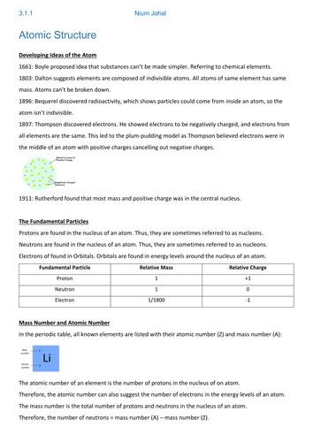 AQA AS / A Level Chemistry: 3.1.1 Atomic Structure - Revision Booklet ...