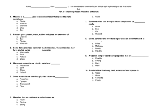 Science: Materials - Quiz / Assessment Task