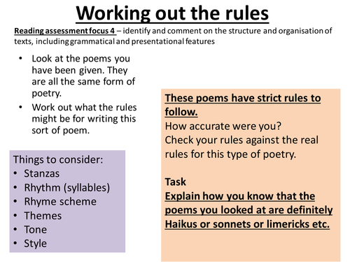 Introduction to poetry form - poems - haiku - limerick - shape - sonnet - poetic form KS3 ks2