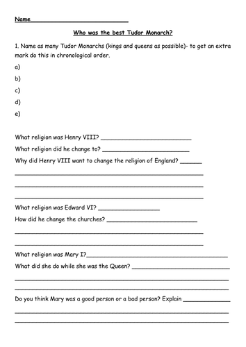 Tudor England assessment EAL/SEN/lower ability